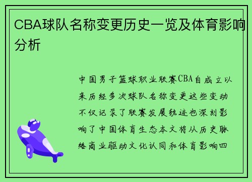 CBA球队名称变更历史一览及体育影响分析