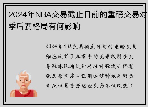 2024年NBA交易截止日前的重磅交易对季后赛格局有何影响